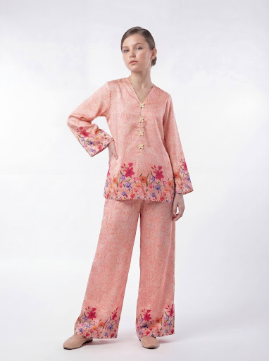 Girls Floral Printed 2-Piece Outfit Set – Peach Long Sleeve Top with Wide Leg Pants | Kids Casual & Party Wear