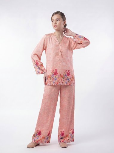 Girls Floral Printed 2-Piece Outfit Set – Peach Long Sleeve Top with Wide Leg Pants | Kids Casual & Party Wear - Image 3