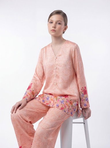Girls Floral Printed 2-Piece Outfit Set – Peach Long Sleeve Top with Wide Leg Pants | Kids Casual & Party Wear - Image 2